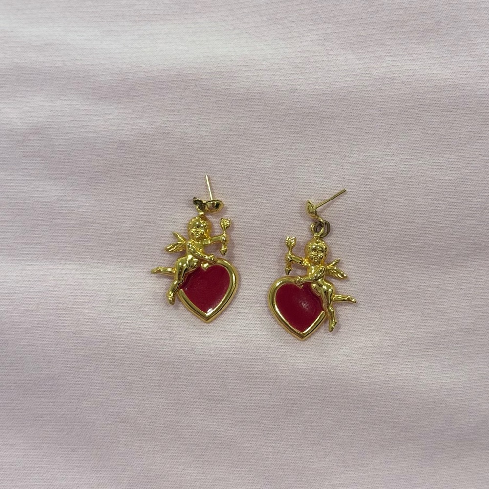 Gold and Red  Earrings Cupid